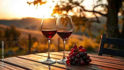 Romantic red wine glasses at sunset with grapes on a wooden table  