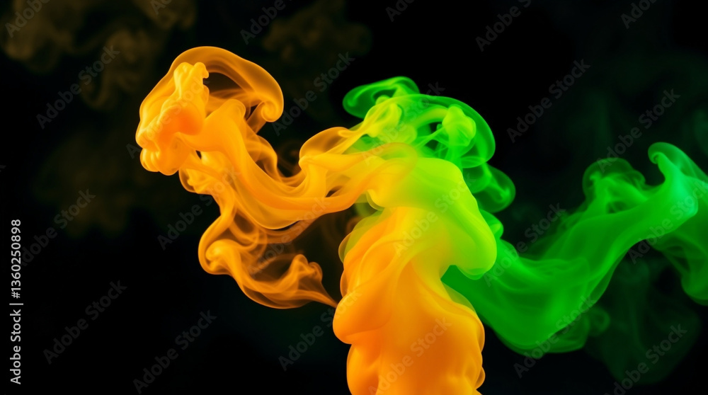 Fototapeta premium Green and yellow smoke cloud with swirling patterns against a dark background