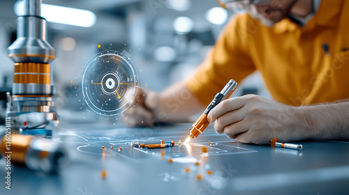 Innovative ai-enhanced workspace design for engineering projects modern industrial environment digital concept art close-up view