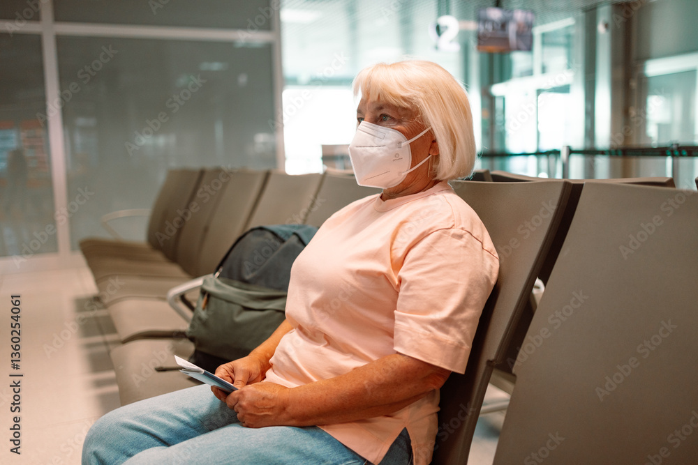 Elderly woman wearing a medical mask sitting in an airport waiting room observing social distance. High quality photo