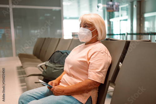 Elderly woman wearing a medical mask sitting in an airport waiting room observing social distance. High quality photo