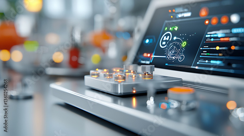 Innovative control panel for advanced green building technologies modern laboratory digital interface futuristic environment close-up viewpoint sustainable design
