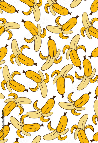 Banana seamless. Vivid repeating peeled fruits with dynamic layout on white backdrop, suitable for food wrapping, nutrition themes, market branding, organic products