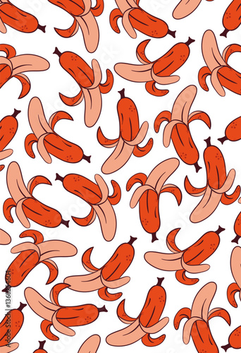 Banana seamless. Vivid repeating peeled fruits with dynamic layout on white backdrop, suitable for food wrapping, nutrition themes, market branding, organic products
