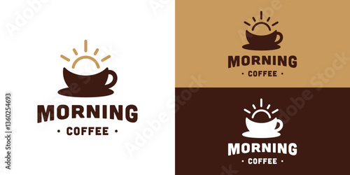 Simple morning coffee logo template. Coffee with sunrise logo design vector illustration.