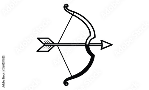 Bow and arrow side view silhouette, Bow and arrow icon, Black silhouette, Front and side view, Vector simple flat graphic illustration, Isolated object on white background 