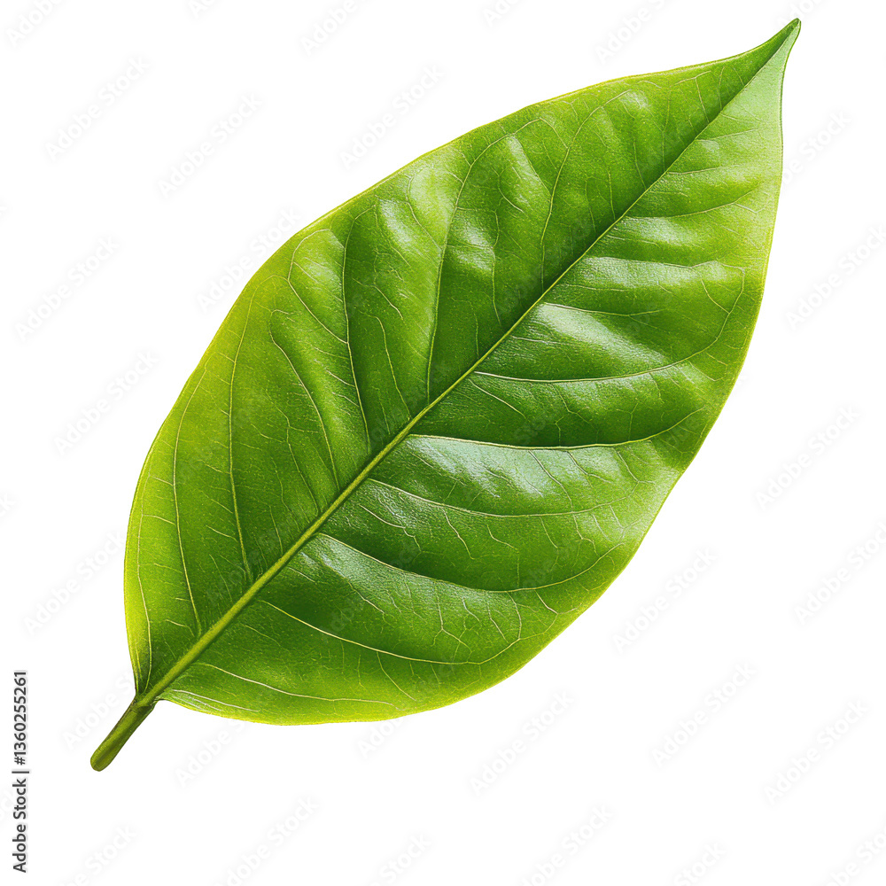Obraz premium Close-up of a vibrant green leaf showcasing intricate textures and details
