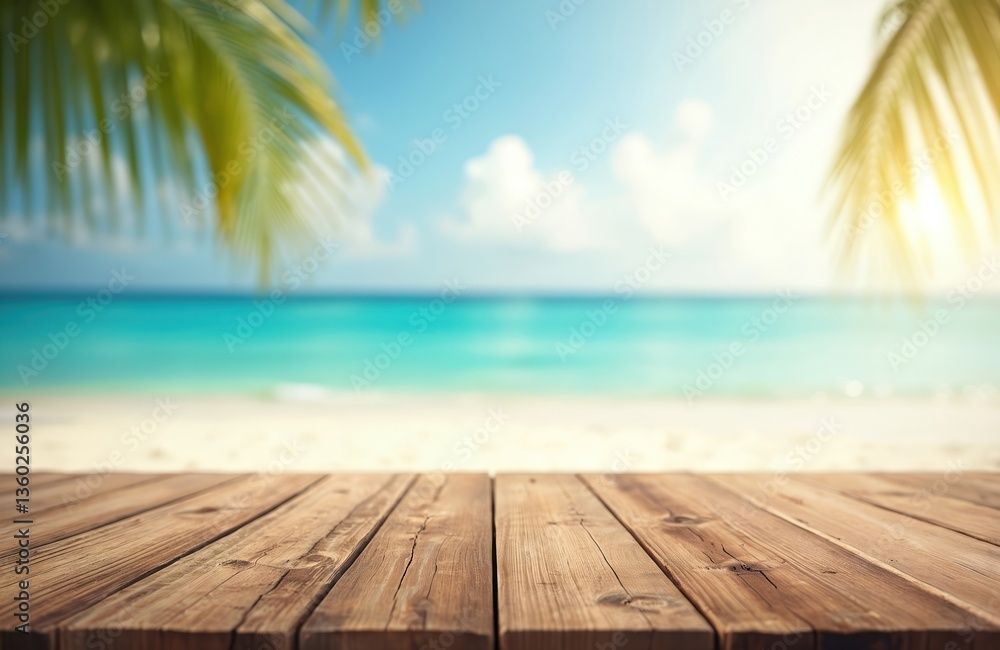 Fototapeta premium Wooden table on sunny tropical beach blurred background. Summer day holiday concept for product display. Empty desk template for advertisement. Ocean view, sand, blue sky, palm trees.