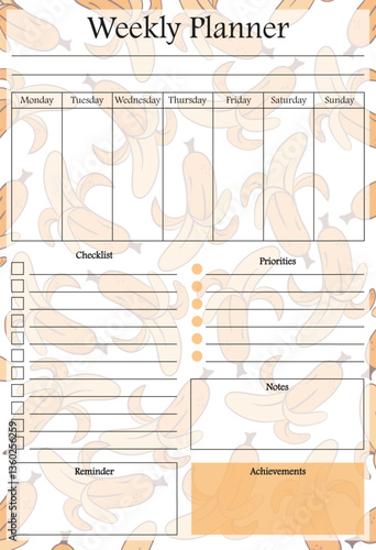 Weekly planner set icon. Banana background with schedule, checklist, priorities, notes, reminders and achievements sections, made for organized and fun weekly planning