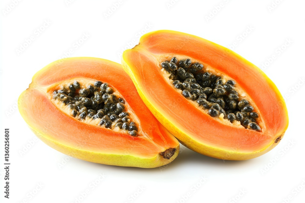 Sliced Papaya Fruit Halves Showing Seeds on White Background Close-up Sliced Papaya Fruit Halves Showing Seeds on White Background Close-up