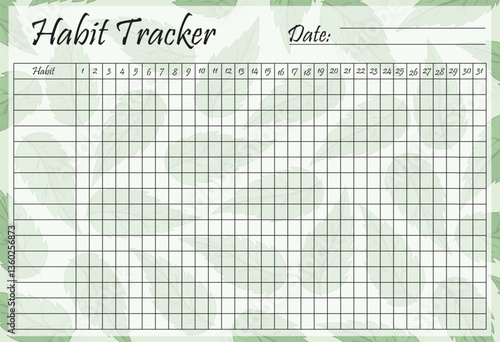 Habit tracker set icon. Mint leaf design with monthly grid for habit monitoring, offering clean, calm, and plant-themed organization.