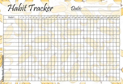 Habit tracker set icon. Horizontal banana background with monthly grid layout for tracking habits, goals, and consistency in a fun and tropical theme.