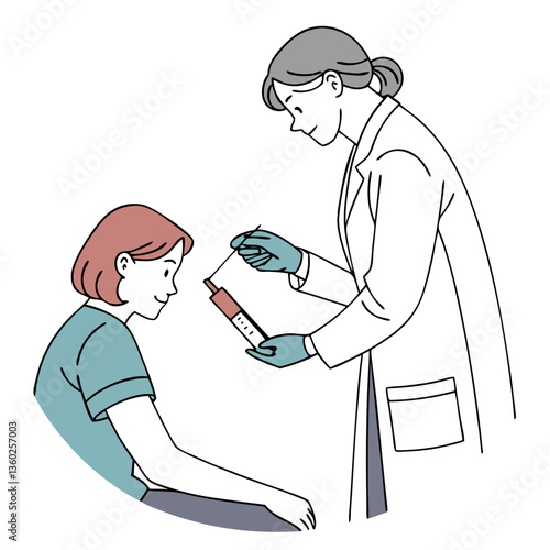 A healthcare professional takes a blood sample from a patient sitting calmly in a clinical environment. The doctor wears gloves and prepares a syringe
