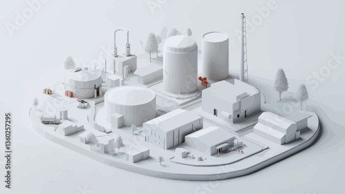 A digitally rendered 3D model of an industrial complex. The model is presented in a minimalist style, featuring monochromatic white buildings and structures on a white background. The image