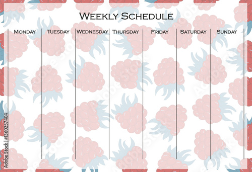 Weekly schedule set icon. Raspberry-themed design with vertical layout for each weekday, useful for organizing plans with a fun fruity background.