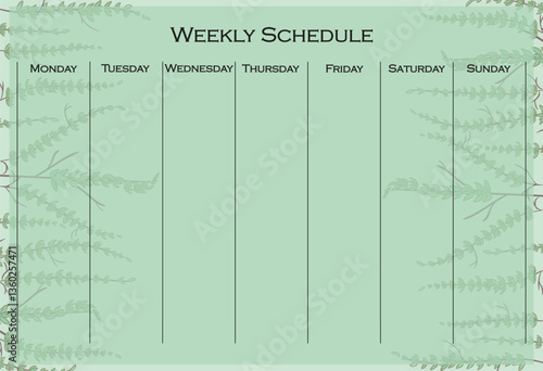 Weekly schedule set icon. Green leafy background with vertical layout for organizing weekly tasks in a natural, calm planner format.
