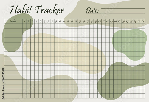 Habit tracker set icon. Abstract yellow and green background with monthly grid to track habits and maintain daily progress in an earthy warm design.