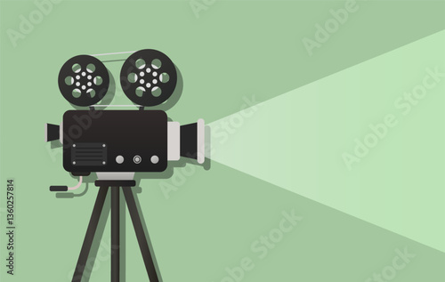 Cinema set icon. Vintage film camera on tripod projecting light, symbolizing filmmaking, media production, cinema, entertainment, and video storytelling.