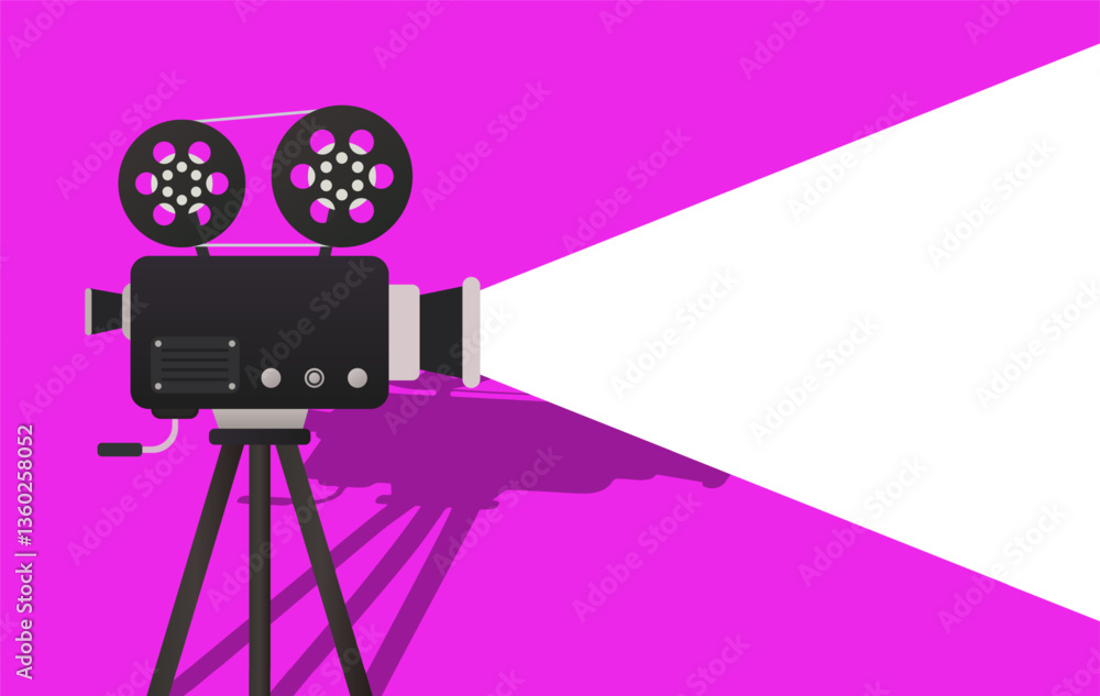 Obraz premium Film screening set icon. Vintage camera projects white light on purple background. Represents cinema, projection, film, media arts, and video creation.