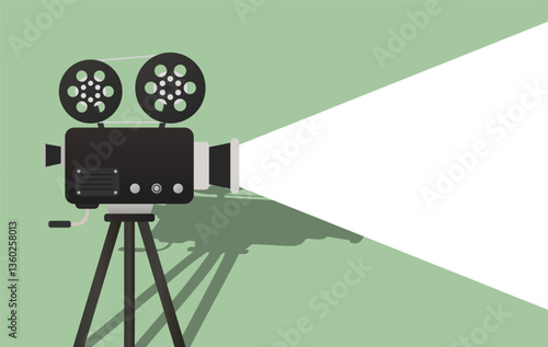 Film screening set icon. Vintage camera projects white light on purple background. Represents cinema, projection, film, media arts, and video creation.