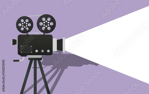 Film screening set icon. Vintage camera projects white light on purple background. Represents cinema, projection, film, media arts, and video creation.