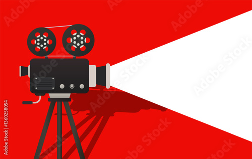 Film screening set icon. Vintage camera projects white light on purple background. Represents cinema, projection, film, media arts, and video creation.