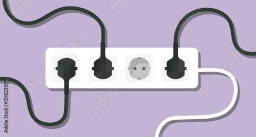 Electricity set icon. Power strip with multiple black plugs connected symbolizes energy use, overload, home electricity, electronic devices, network, and utility management.