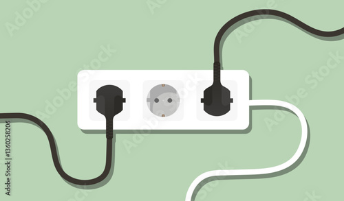 Electricity set icon. Power strip with two plugs and two empty sockets represents partial usage, home energy setup, electric safety, and network availability.