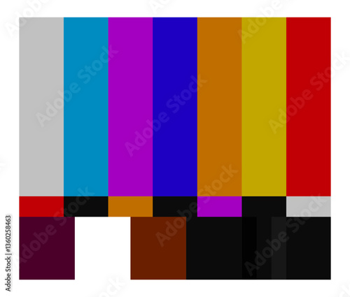 Broadcast set icon. TV test screen with multicolored bars represents signal testing, error, media broadcast, transmission problem, and television industry.