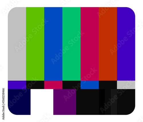 Broadcast set icon. TV test screen with multicolored bars represents signal testing, error, media broadcast, transmission problem, and television industry.