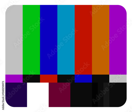 Broadcast set icon. TV test screen with multicolored bars represents signal testing, error, media broadcast, transmission problem, and television industry.