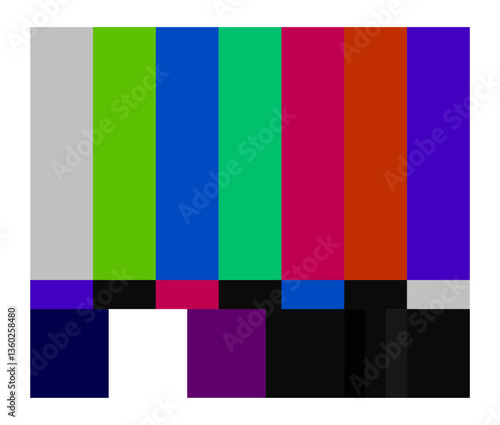 Broadcast set icon. TV test screen with multicolored bars represents signal testing, error, media broadcast, transmission problem, and television industry.