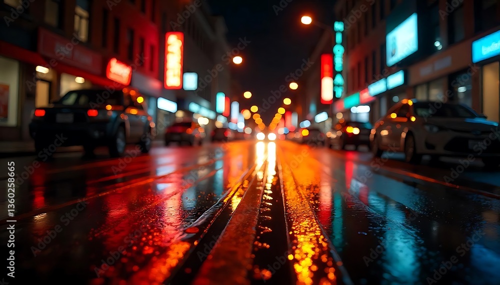 A Nighttime City Street Reflecting Lights And Traffic Patterns A Nighttime City Street Reflecting Lights And Traffic Patterns