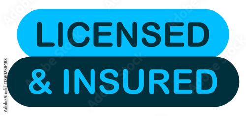 Safety set icon. Green shield with checkmark and phrase Licensed insured indicates protection, verified service, legal compliance, certified company, secure solution.