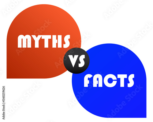 Info set icon. Red and blue overlapping speech bubbles with text Myths vs facts suggest knowledge, awareness, clarity, education, debunking misinformation, logic.