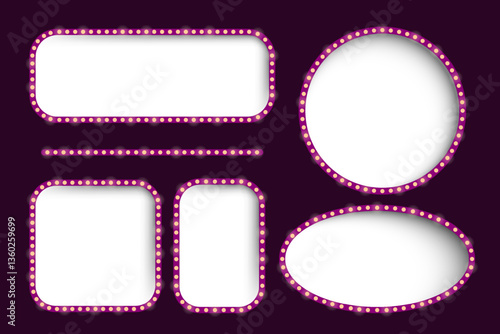 Frame set icon. Various glowing shapes with lightbulb borders on dark background for promotion, signage, announcement, digital design, advertisement, visual highlight.