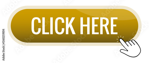 Button set icon. Bold text Click Here on gold interface element with hand click symbol shows interaction, call-to-action, digital prompt, online engagement.