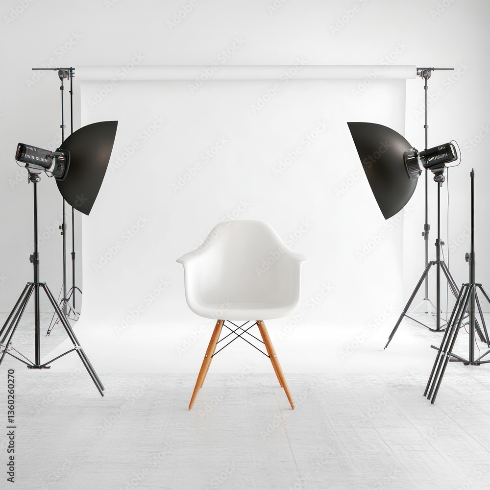 Empty white chair in a professional photography studio setup