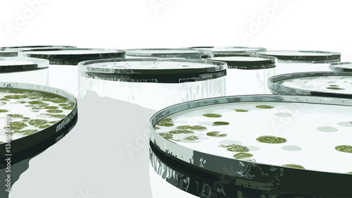 The image shows a collection of petri dishes scattered across a white background.  The dishes appear to contain various stages of microbial growth, visualized as patches of greenish-yellow material