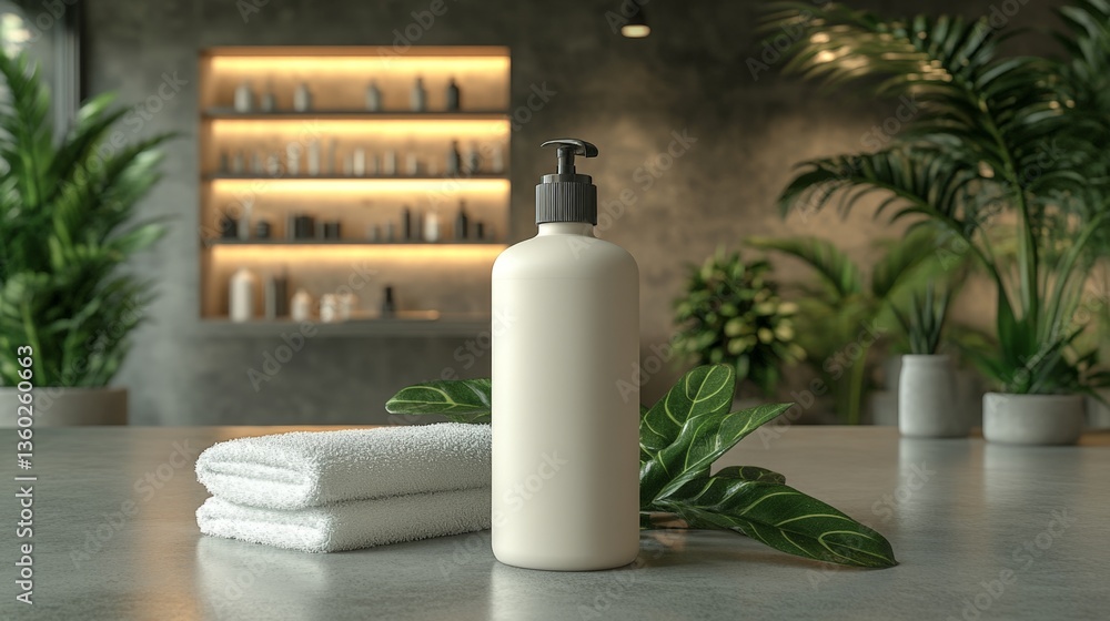 A bottle of lotion sits on a counter next to a white towel. The bottle is empty and the towel is folded neatly. The scene is set in a bathroom with a potted plant in the background