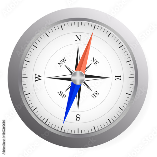 Navigation set icon. Classic compass with windrose and colored arrows shows direction, orientation tool, navigation aid, geographical positioning, exploration.