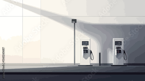 The image shows two minimalist, white electric vehicle charging stations positioned on a counter against a white tiled wall.  A single pole-mounted light fixture is visible behind the charging