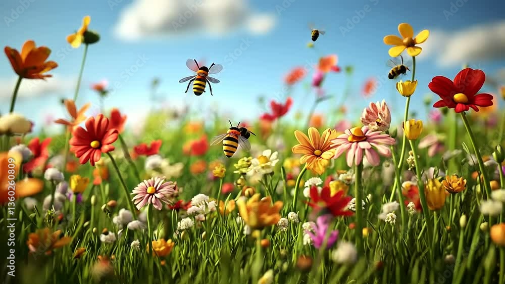 Vibrant meadow filled with colorful flowers and buzzing bees under a clear blue sky Vibrant meadow filled with colorful flowers and buzzing bees under a clear blue sky