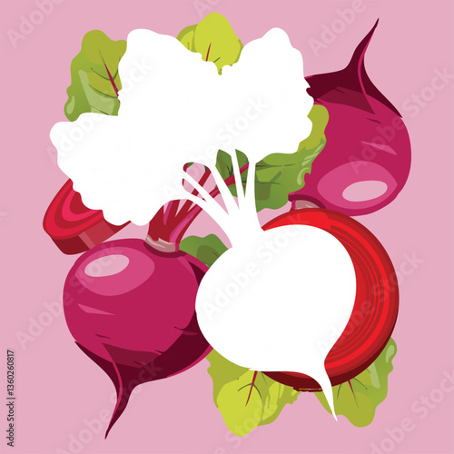 Slices of beetroot placed around a white patch, with a whole beetroot at the center, emphasizing the deep red color..