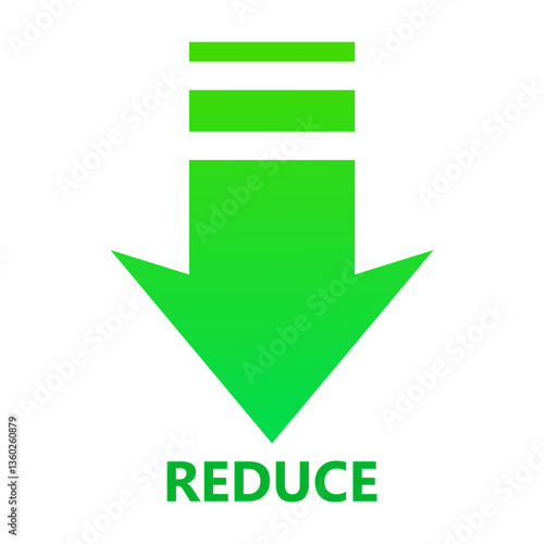 Ecology set icon. Downward arrow with text reduce reflects environmental action, waste management, sustainable practice, eco-friendly consumption.