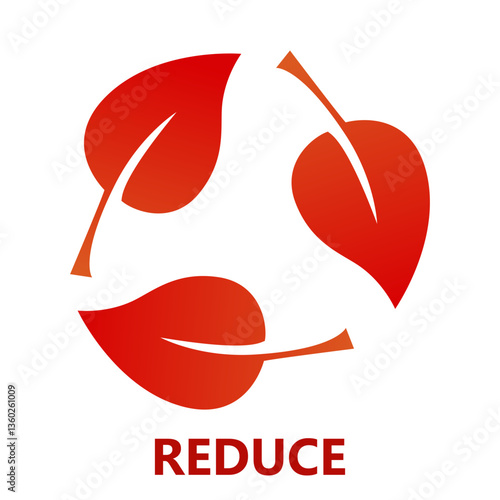 Ecology set icon. Leaves forming a triangular shape labeled reduce promote eco-lifestyle, natural resource saving, environmental awareness.