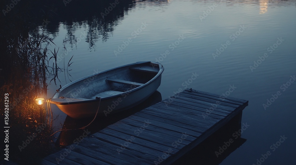 Obraz premium Serene evening lake, small boat at dock, calm water, tranquil scene, peaceful mood