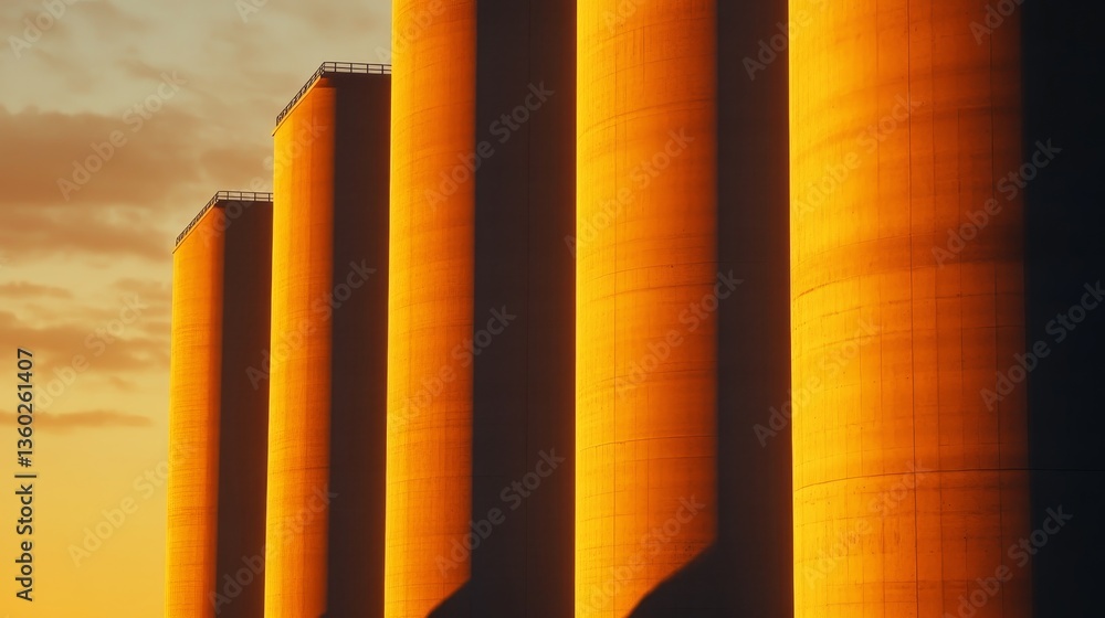 Obraz premium Tall industrial silos illuminated by sunset, showcasing vibrant color against a cloudy sky