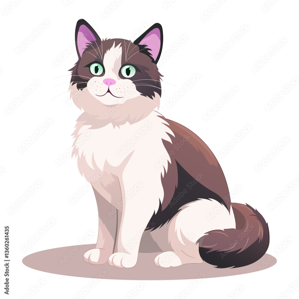Obraz premium Cartoon cat set icon. Fluffy sitting pet with green eyes represents domestic animal, furry friend, comfort, calm expression, elegant character.