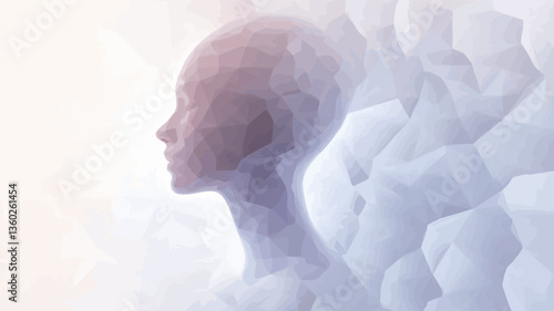 The image presents a profile view of a translucent female figure.  The figure is rendered in soft pastel shades of purple, pink, and white, appearing almost ethereal or dreamlike.  The figure is